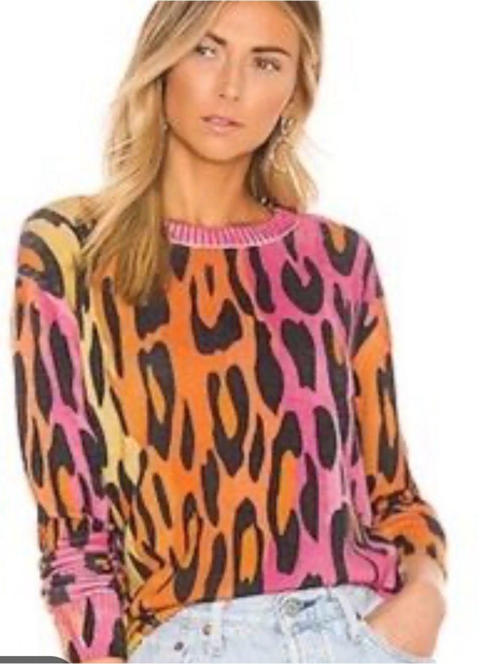 Autumn Cashmere Pink Orange Yellow Leopard Crewneck Sweater 100% Cashmere S
